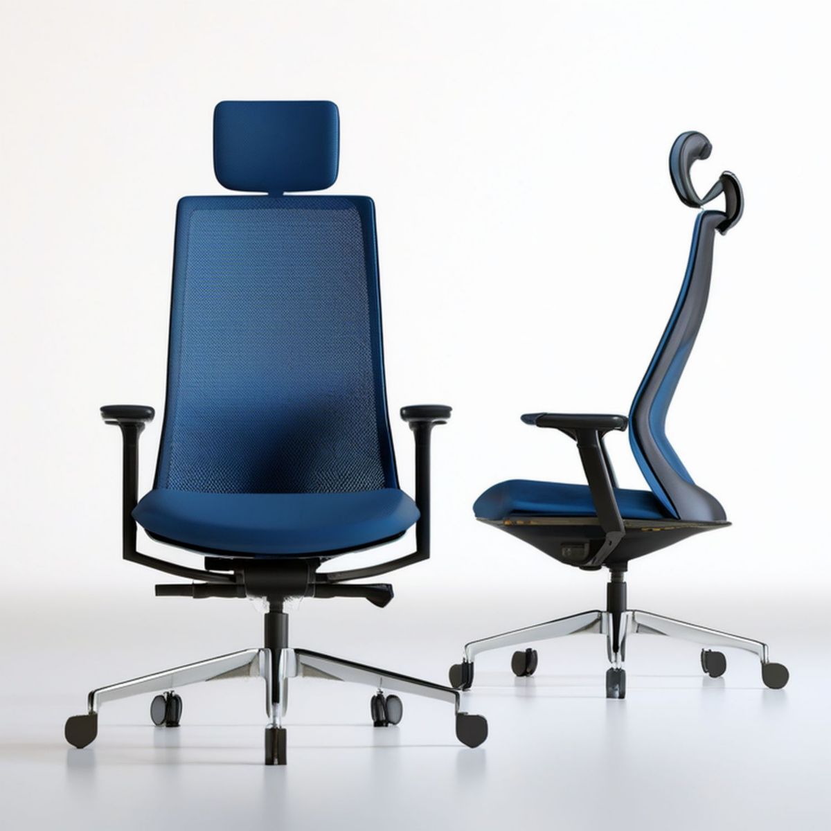 Ergonomiczne krzesło biurowe obrotowe z zagłówkiem i siatkowym oparciem, granatowo-czarno-srebrne, 65 x 65 x 118–128 cm