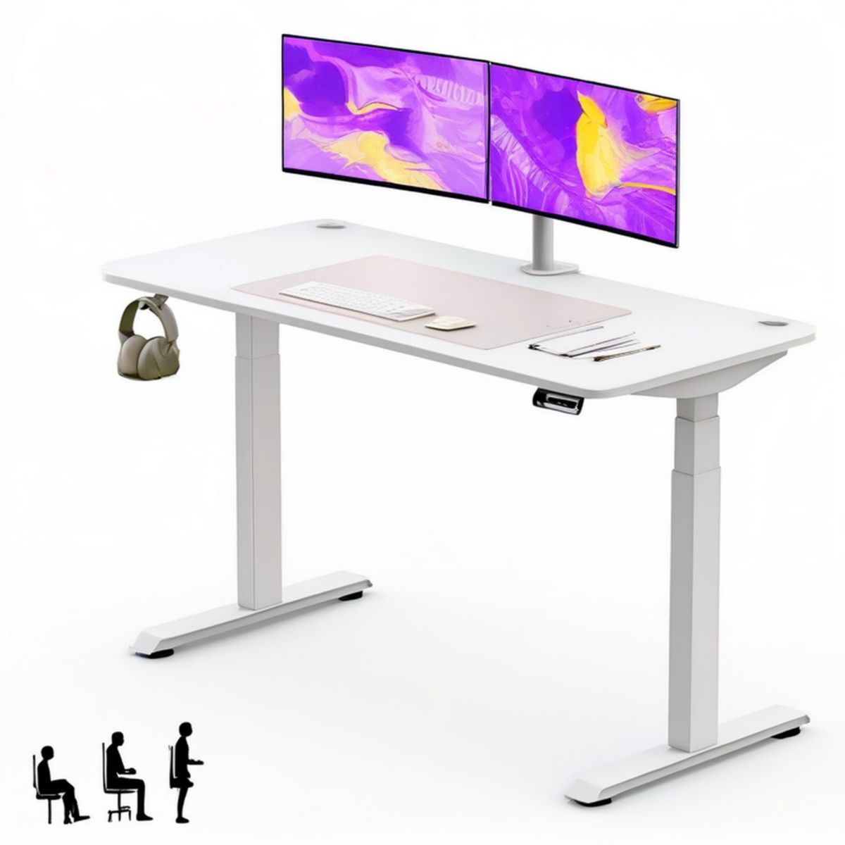 Białe biurko elektryczne z regulacją wysokości 140 x 70 cm, 72–118 cm