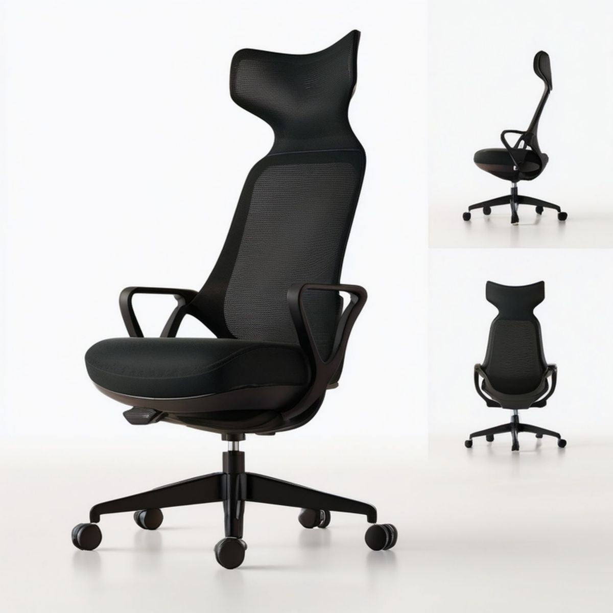 Ergonomiczny fotel obrotowy z zagłówkiem i siatkowym oparciem, czarny, 65 x 65 x 118–128 cm
